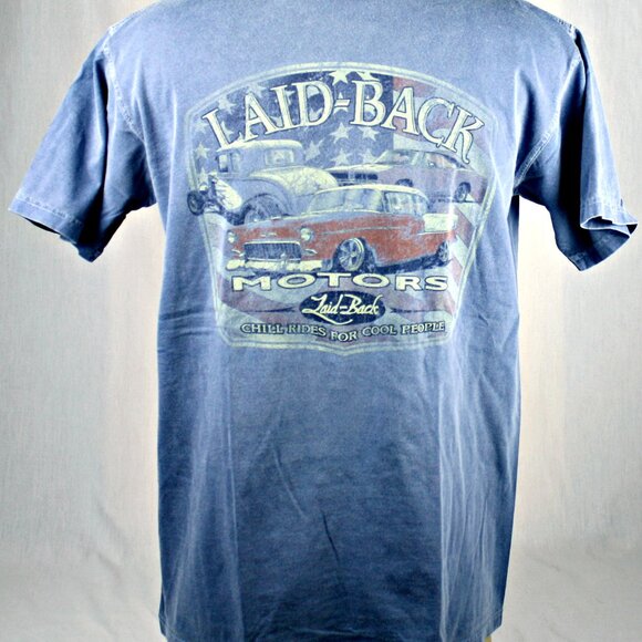 New Med T-shirt Laid Back Motors 55 Chevy, 32 5 Window Ford Roadster, GTO Cars - Picture 3 of 7